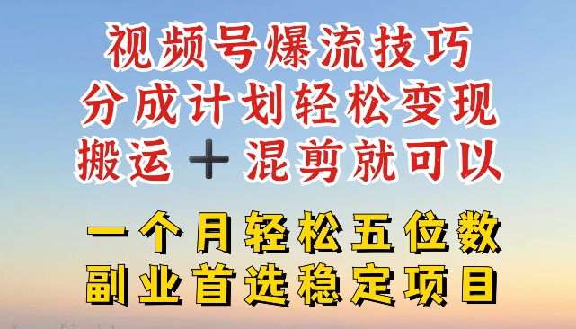 视频号爆流技巧，分成计划轻松变现，搬运 +混剪就可以，一个月轻松五位数稳定项目【揭秘】-八爪鱼资源库
