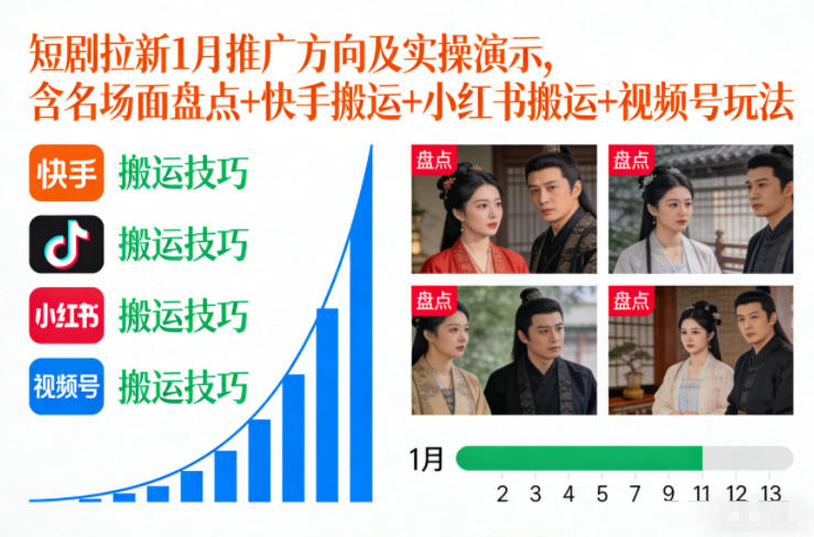 短剧拉新1月推广方向及实操演示，含名场面盘点+快手搬运+小红书搬运+视频号玩法-八爪鱼资源库