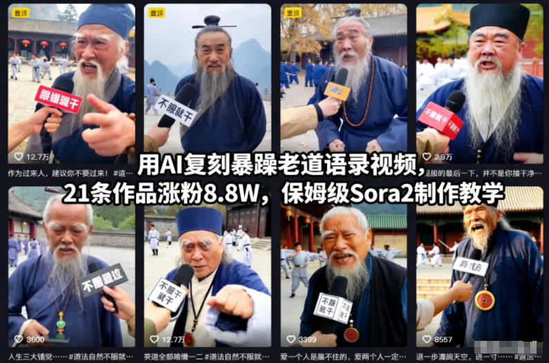 用AI复刻暴躁老道语录视频，21条作品涨粉8.8W，保姆级Sora2制作教学-八爪鱼资源库