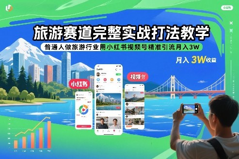 旅游赛道完整实战打法教学，普通人做旅游行业用小红书视频号精准引流月入3W-八爪鱼资源库