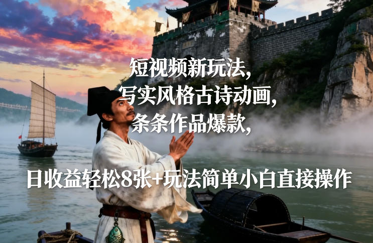 短视频新玩法，写实风格古诗动画，条条作品爆款，日收益轻松8张+玩法简单小白直接操作-八爪鱼资源库
