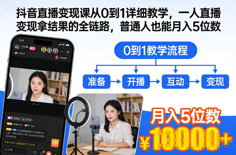 抖音直播变现课从0到1详细教学，一人直播变现拿结果的全链路，普通人也能月入5位数-八爪鱼资源库