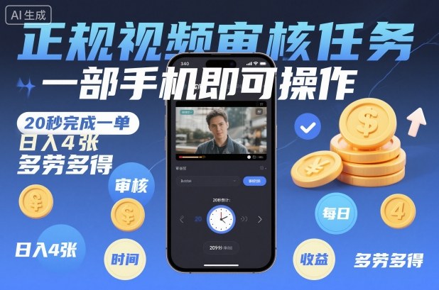 正规视频审核任务，一部手机即可操作，20秒完成一单，日入4张，多劳多得【揭秘】-八爪鱼资源库