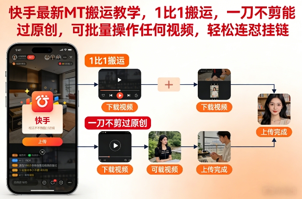 快手最新MT搬运教学，1比1搬运，一刀不剪能过原创，可批量操作任何视频，轻松连怼挂链-八爪鱼资源库