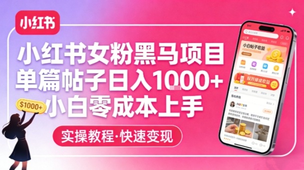 小红书女粉黑马项目，单篇帖子日入1k+，小白零成本上手-八爪鱼资源库
