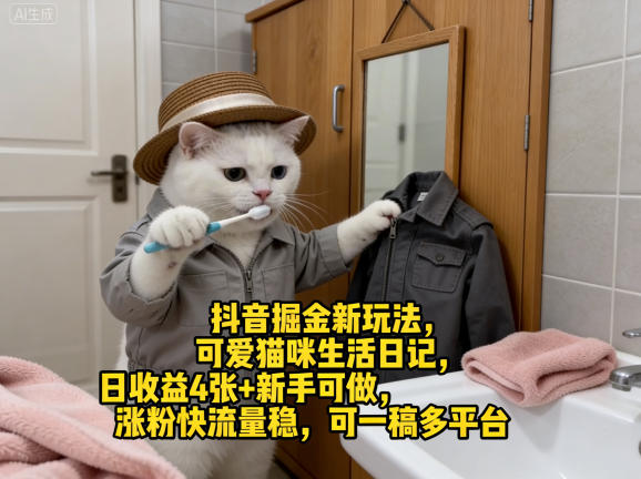 抖音掘金新玩法，可爱猫咪生活日记，日收益4张+新手可做，涨粉快流量稳，可一稿多平台-八爪鱼资源库
