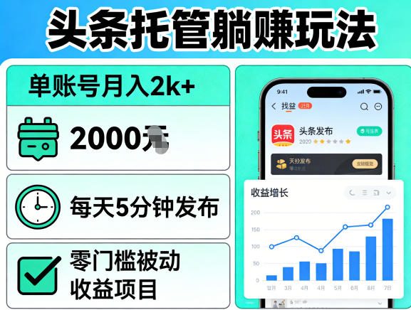 头条托管躺賺玩法，单账号月入2k+，每天5分钟发布即可，零门槛被动收益项目【揭秘】-八爪鱼资源库