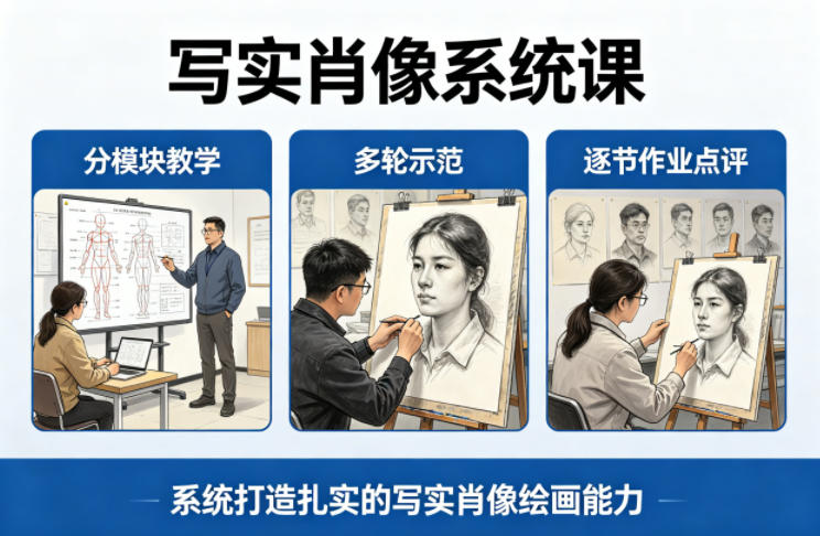 写实肖像系统课，全程分模块教学+多轮示范+逐节作业点评，系统打造扎实的写实肖像绘画能力-八爪鱼资源库