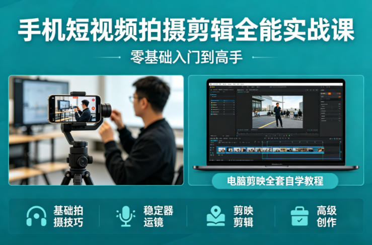 手机短视频拍摄剪辑全能实战课：零基础入门到高手，稳定器运镜+电脑剪映全套自学教程-八爪鱼资源库