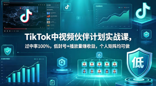 TikTok中视频伙伴计划实战课，过中率100%，低封号+播放量賺收益，个人矩阵均可做-八爪鱼资源库