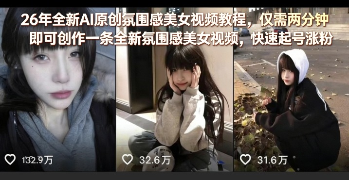 26年全新AI原创氛围感美女视频教程，仅需两分钟即可创作一条全新氛围感美女视频，快速起号涨粉-八爪鱼资源库