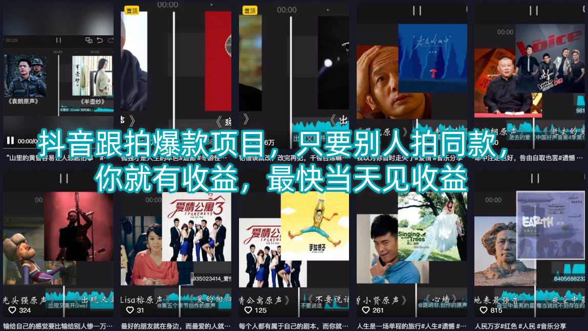 抖音跟拍爆款项目，只要别人拍同款，你就有收益，最快当天见收益-八爪鱼资源库