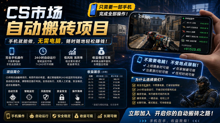 手机即可操作的CS市场自动搬砖系统｜自动监控｜自动下单|日入300+【揭秘】-八爪鱼资源库