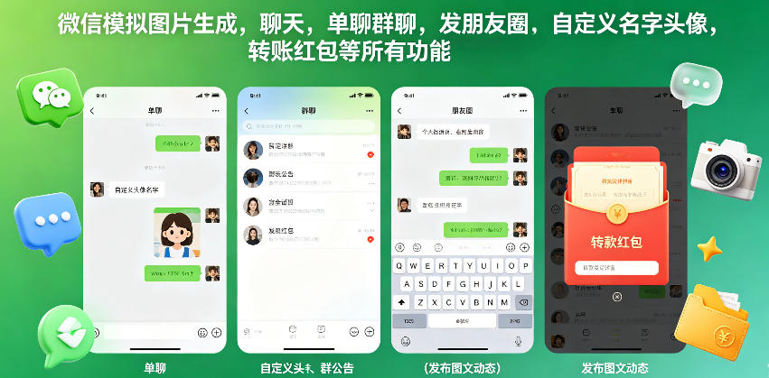 微信模拟图片生成，聊天，单聊群聊，发朋友圈，自定义名字头像，转账红包等所有功能都可以生成-八爪鱼资源库