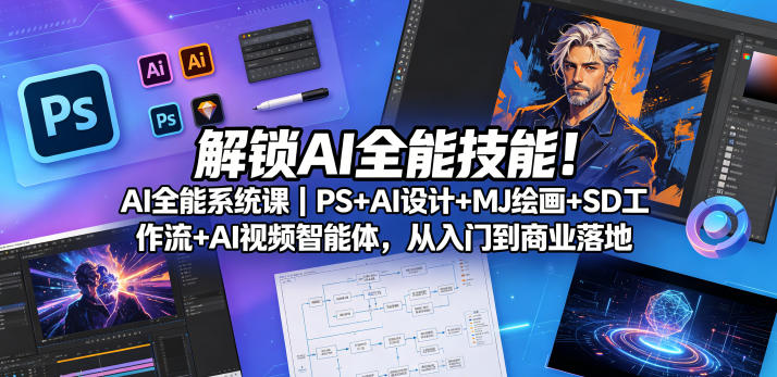 解锁AI全能技能！AI全能系统课｜PS+AI设计+MJ绘画+SD工作流+AI视频智能体，从入门到商业落地-八爪鱼资源库
