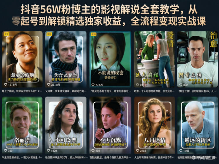 抖音56W粉博主的影视解说全套教学，从零起号到解锁精选独家收益，全流程变现实战课-八爪鱼资源库