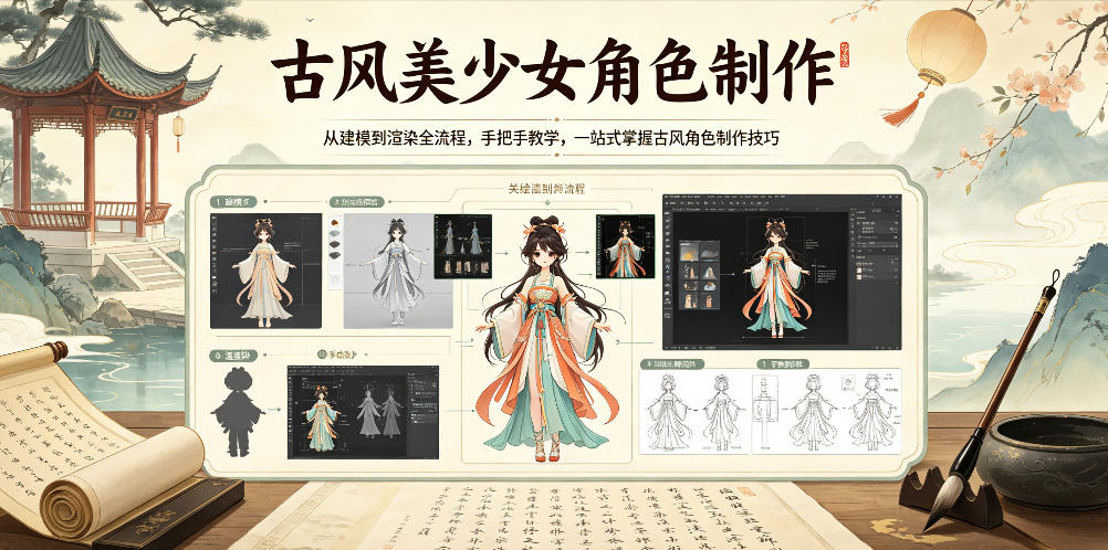 古风美少女角色制作，从建模到渲染全流程，手把手教学，一站式掌握古风角色制作技巧-八爪鱼资源库