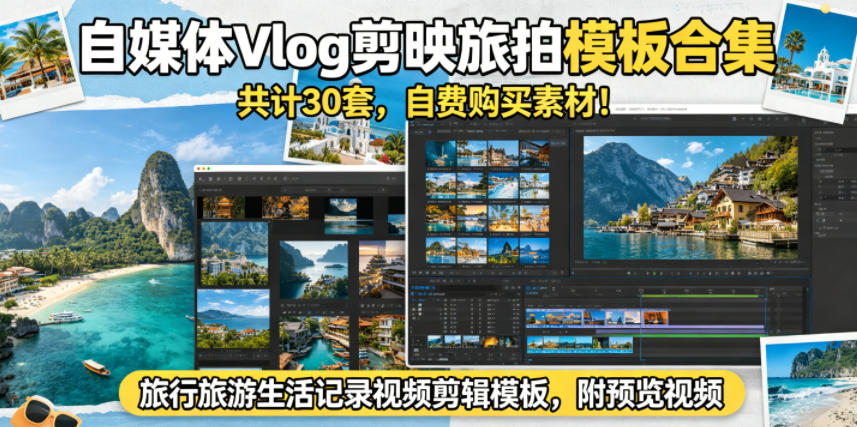 自媒体Vlog剪映旅拍模板合集，共计30套，自费购买素材！旅行旅游生活记录视频剪辑模板，附预览视频-八爪鱼资源库