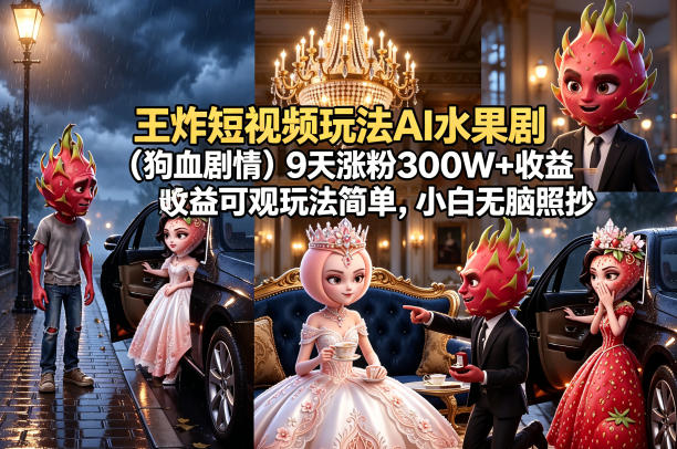 王炸短视频玩法AI水果剧（狗血剧情）9天涨粉300W+收益可观玩法简单，小白无脑照抄，详细拆解玩法-八爪鱼资源库