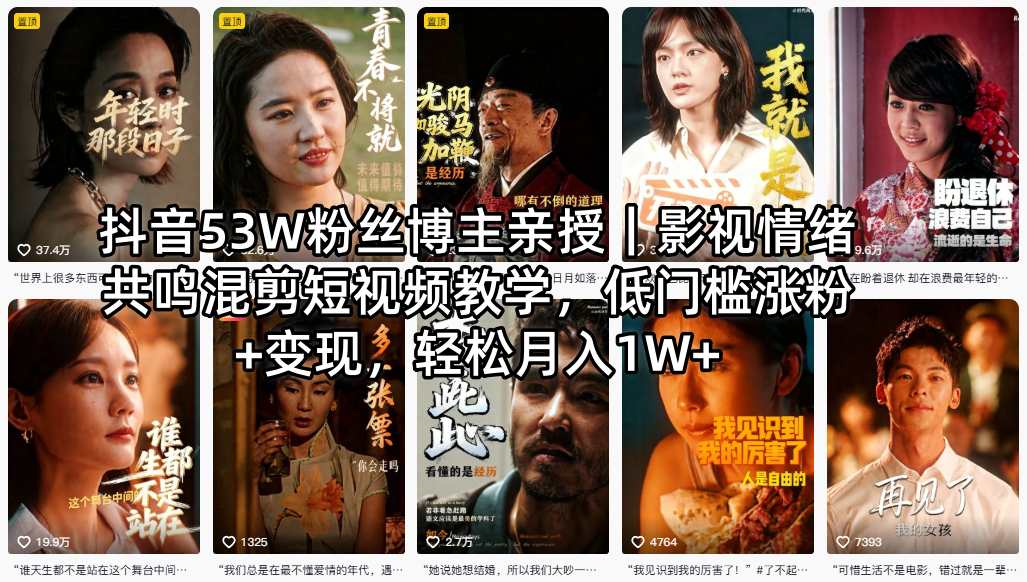 抖音53W粉丝博主亲授｜影视情绪共鸣混剪短视频教学，低门槛涨粉+变现，轻松月入1W+-八爪鱼资源库