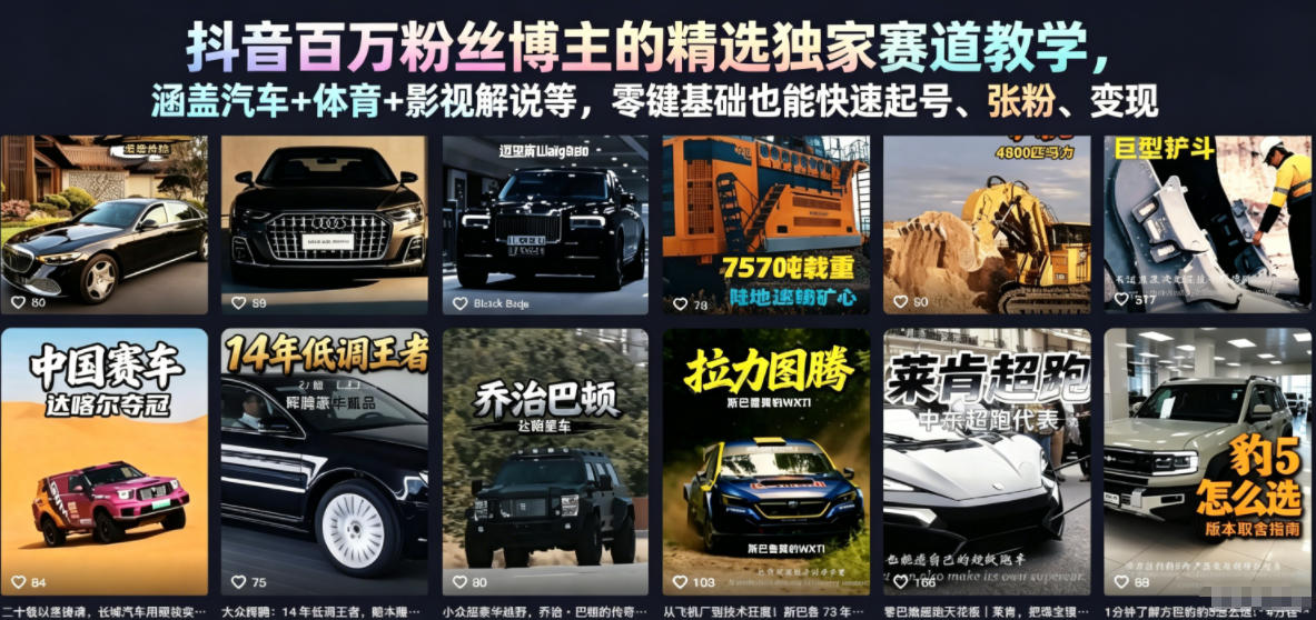 抖音百万粉丝博主的精选独家赛道教学，涵盖汽车+体育+影视解说等，零基础也能快速起号、涨粉、变现-八爪鱼资源库