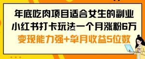 年底吃肉项目适合女生的副业小红书打卡玩法一个月涨粉6万+变现能力强+单月收益5位数【揭秘】-八爪鱼资源库