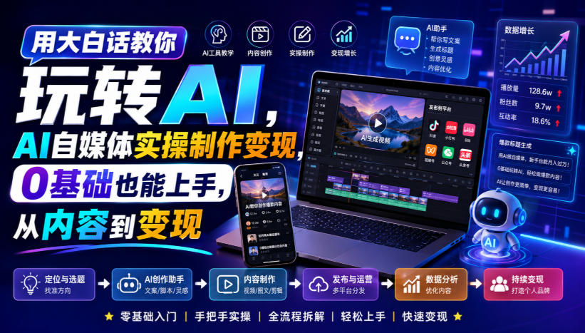 用大白话教你玩转AI，AI自媒体实操制作变现，0基础也能上手，从内容到变现